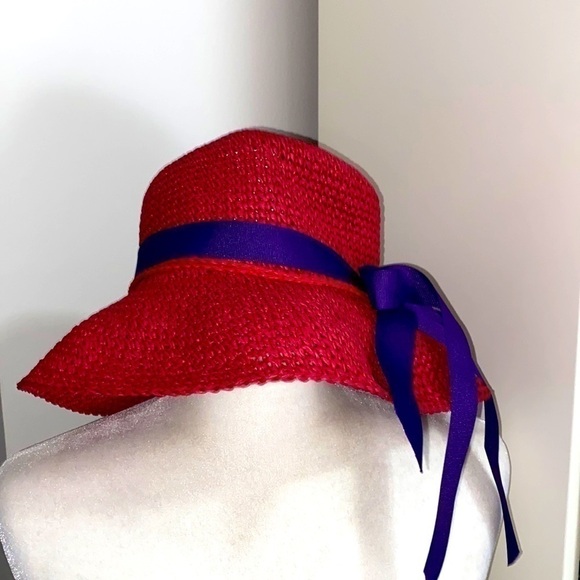 Red Hat Society Casual Straw Hat Purple Ribbon Summer Floppy Relaxed Bohemian - Picture 3 of 13